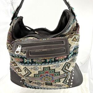Montana West Southwestern Art Print Purse Studded Leather Zipper Close (3348)